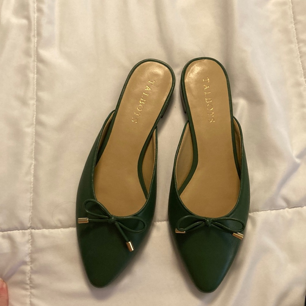 Talbots slip on shoes, olive green with gold accents